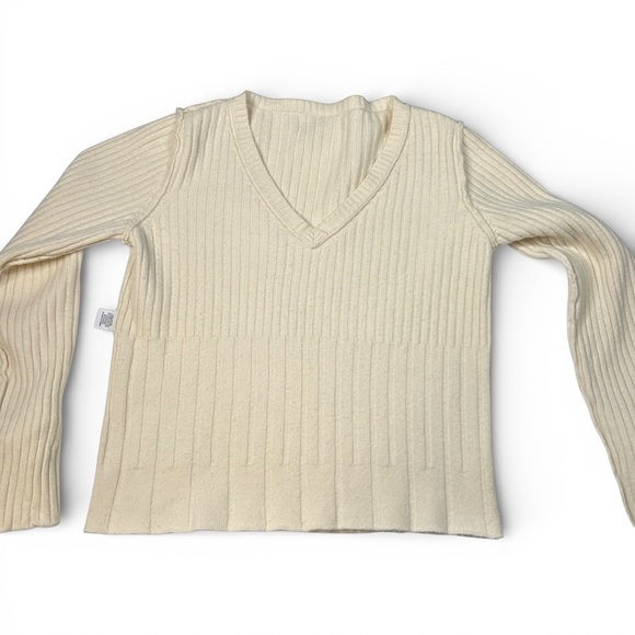 Derek Lam 10 Crosby Ribbed Tie Cuff Peplum Sweater Ivory Wool Blend V Neck - Picture 15 of 15